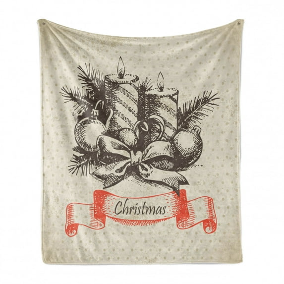 Vintage Christmas Soft Flannel Fleece Blanket, Merry Xmas Theme Hand Drawn Candles Spruce Leaves on Polka Dots, Cozy Plush for Indoor and Outdoor Use, 70" x 90", Brown Tan Vermilion, by Ambesonne