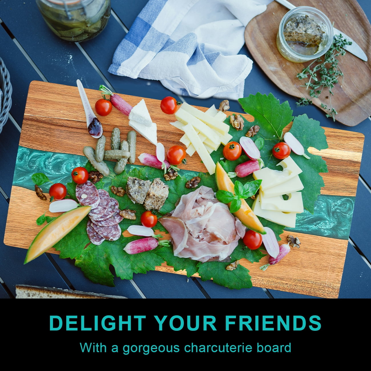 Acacia Wood Cutting Board, Resin Kitchen Chopping Board with Wave Pattern for Cheese, Meat, Vegetable, Serving Board, 13 x 9 Inch (Blue Wave)