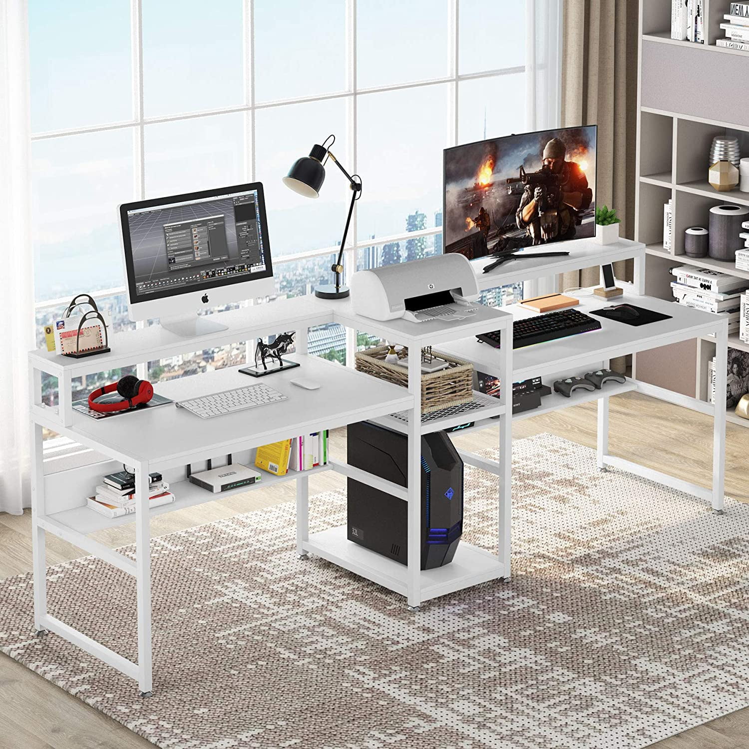 Tribesigns Two Person Desk with Hutch& Shelf Study Writing Table for Home Office 