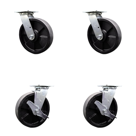 8 Inch Glass Filled Nylon Swivel Caster Set with Ball Bearings 2 Brakes SCC