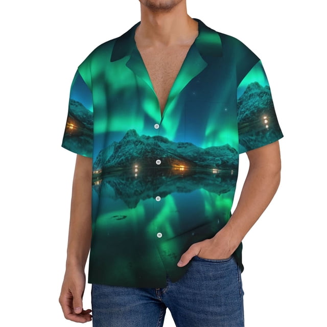 Fotbe Northern Lights Camisa Estampada de Manga Corta para Hombre, Casual de Verano, Estilo Playero, Sin Arrugas-3X-Large