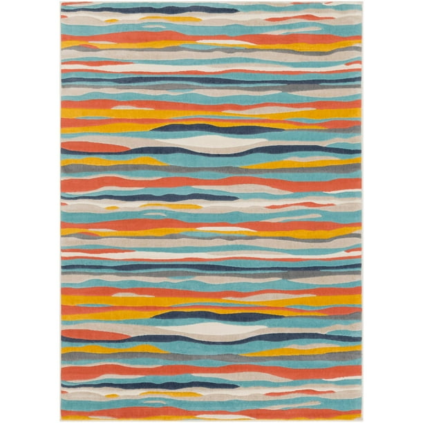 7.8' x 10.25' Waves Patterned Mustard Yellow and Blue Rectangular Area Throw Rug