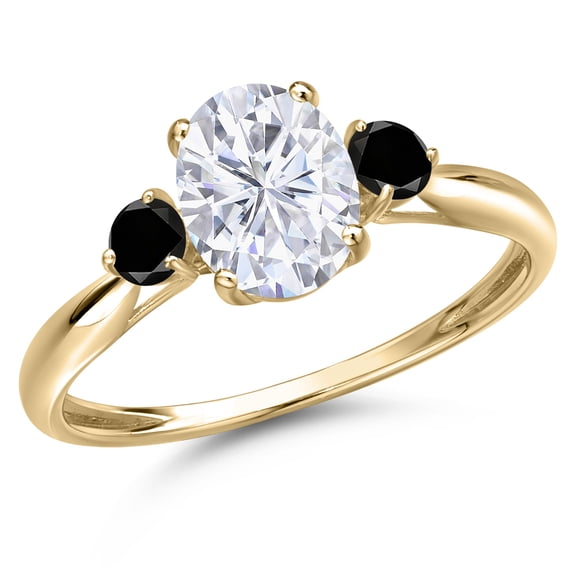 Gem Stone King 10K Yellow Gold White Moissanite and Black Diamond 3-Stone Ring for Women | 1.70 Cttw | Oval 8X6MM | Gemstone Birthstone | Size 8