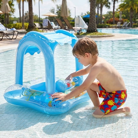 FLYNOW BABY POOL FLOAT WITH CANOPY SUN PROTECTION, KIDS SWIMMING FLOAT WITH SAFETY SEAT, INFLATABLE TODDLERS POOL FLOATS WITH CARTOON BELL TOY, INFANT SWIM TRAINER, SUMMER ESSENTIALS FOR BOYS GIRLS