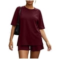 thumbnail image 6 of Costeam Womens Oversized 2 Piece Outfits Drop Shoulder Short Sleeve Side Slit Top Elastic High Waist Shorts Solid Color Soft Knit Casual Daily Loungewear Set, 6 of 8