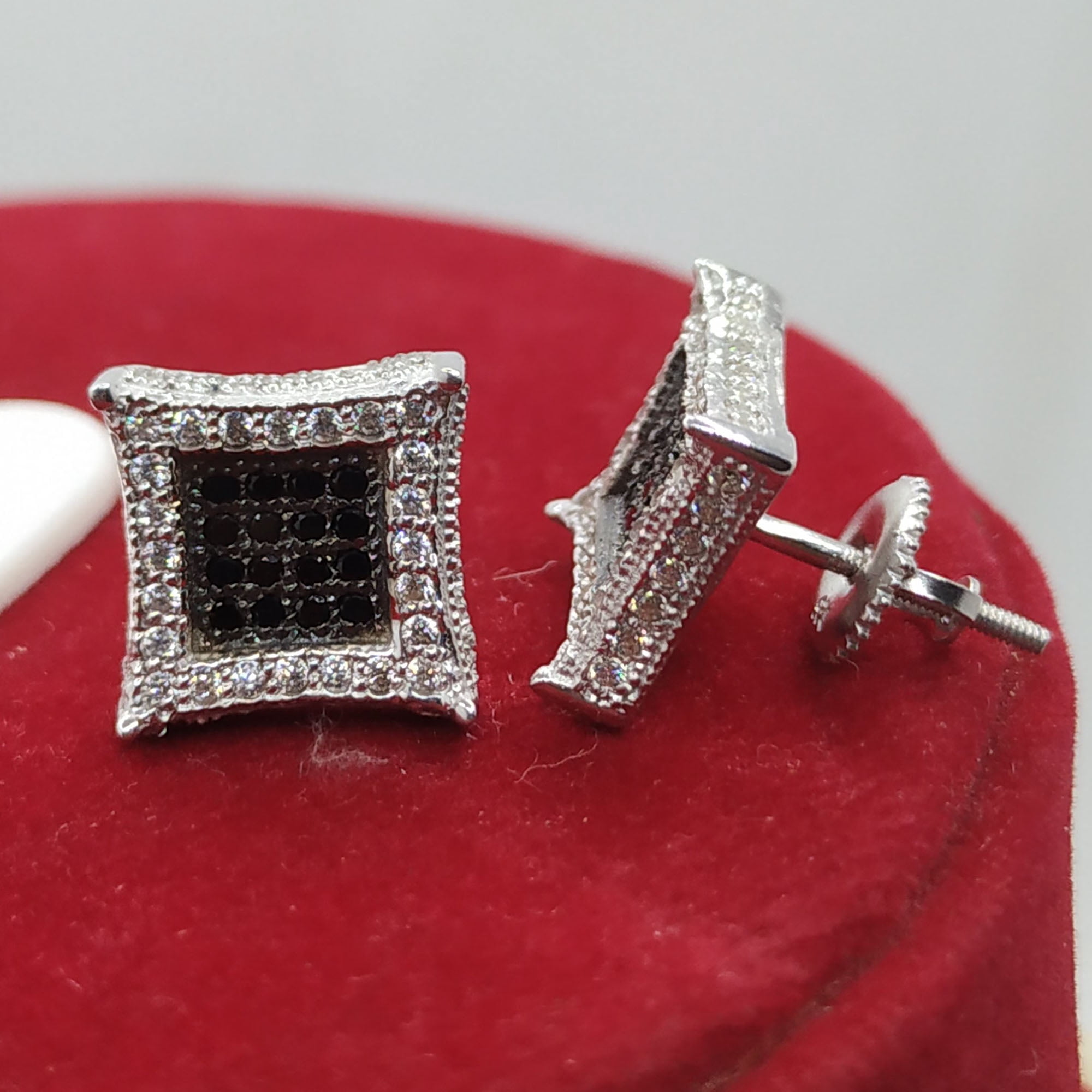 0.25 CT Men's 925 Silver Kite Shape Earrings with Clear, Black & White CZ Square Stud Design, 10mm, 14K White Gold Plated Silver - Unisex Earrings for Men and Women