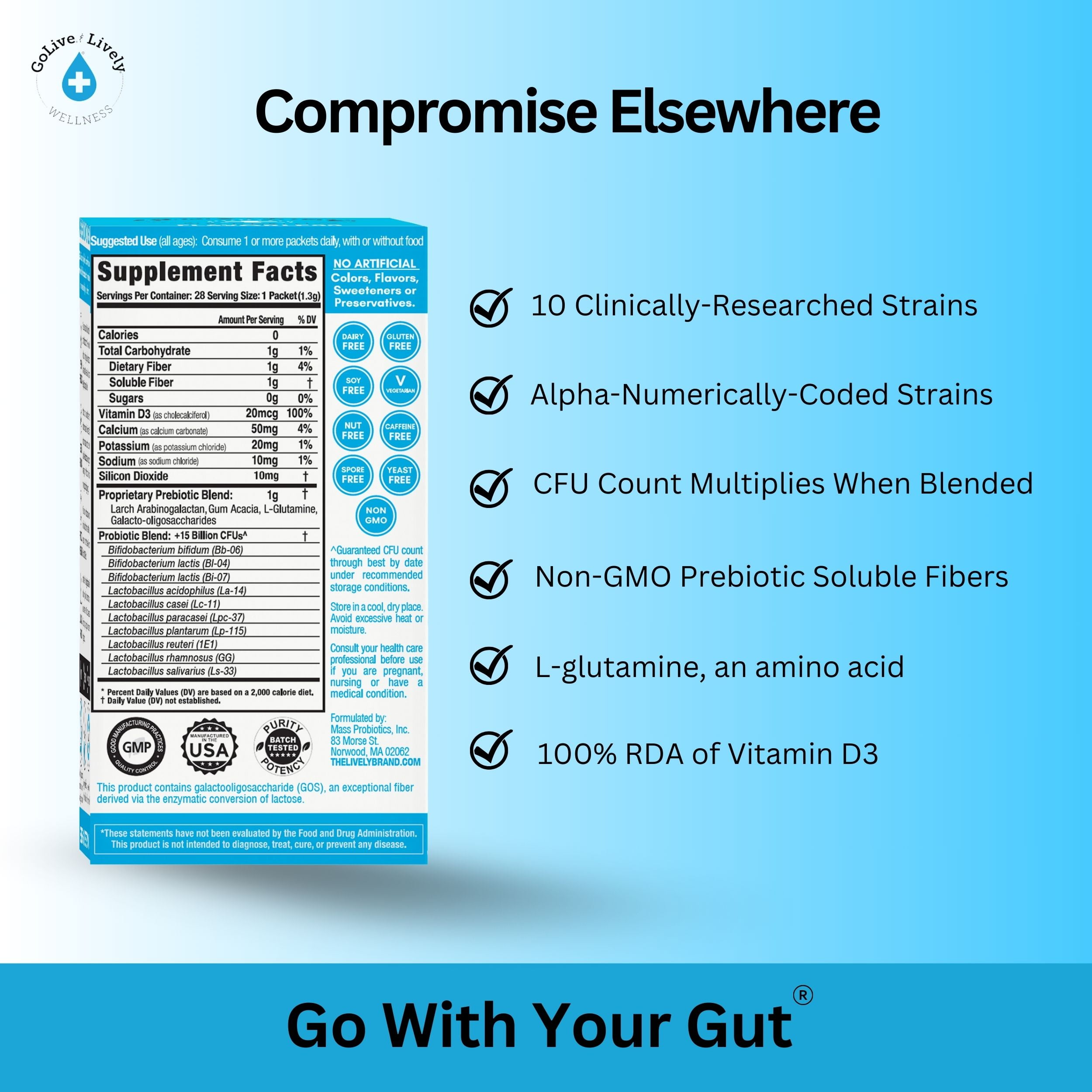 GoLive Prebiotic & Probiotic for Women, Men, Kids. Flavor-Free, Sugar-Free, Synbiotic Powder w/ GOS, L-Glutamine, Vitamin D3, Electrolytes. For Gut Health, Digestion, Metabolism, Immunity 15-50B CFUs