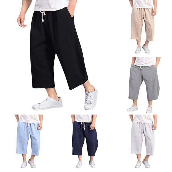 XIAONU Men's Solid Cropped Wide Leg Pants Drawstring Waist Patch Pockets Loose Fit Trousers
