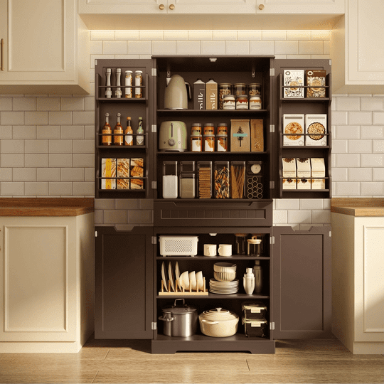Pantry Cabinet, Kitchen Storage Cabinet with 1 Drawer and 4 Doors for Kitchen, Dining Room - Dark Brown