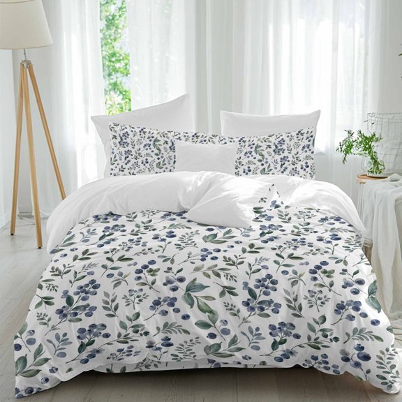 Wild Blueberry Twin Duvet Cover Set, Country Watercolor Pastoral Blue Berry Green Leaf 4 Piece Microfiber Bedding Set with Zipper Closure, Bed Sheet and 2 Pillow Shams, Soft Bedding Cover