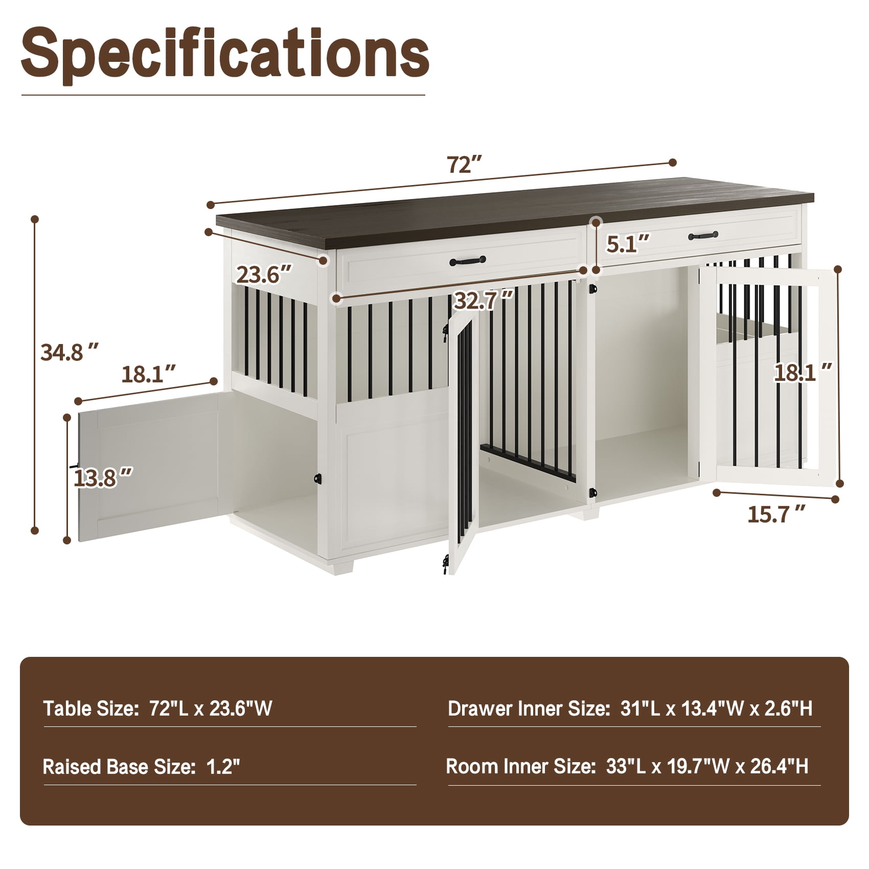Faceket Lockable 4-Door 72.1" Wooden Furniture Style Crate for Dogs with Divider and 2 Drawers