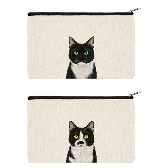 WIRESTER Set 2 of Canvas Cosmetic Bag, Makeup Bag, Cosmetic Pouch for Women - Moustached Tuxedo Cat & Tuxedo Cat White Chin