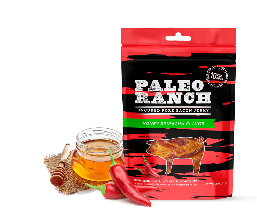 PALEO RANCH, Honey Sriracha Pork Bacon Jerky, No Added Hormones, No Preservatives 1.5 oz (Pack of 4)