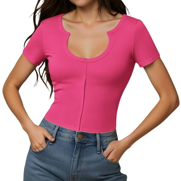 Blusa sexy de cuello en U y manga corta ajustada para mujer - Top elástico acanalado para salir por la noche o para el día a día