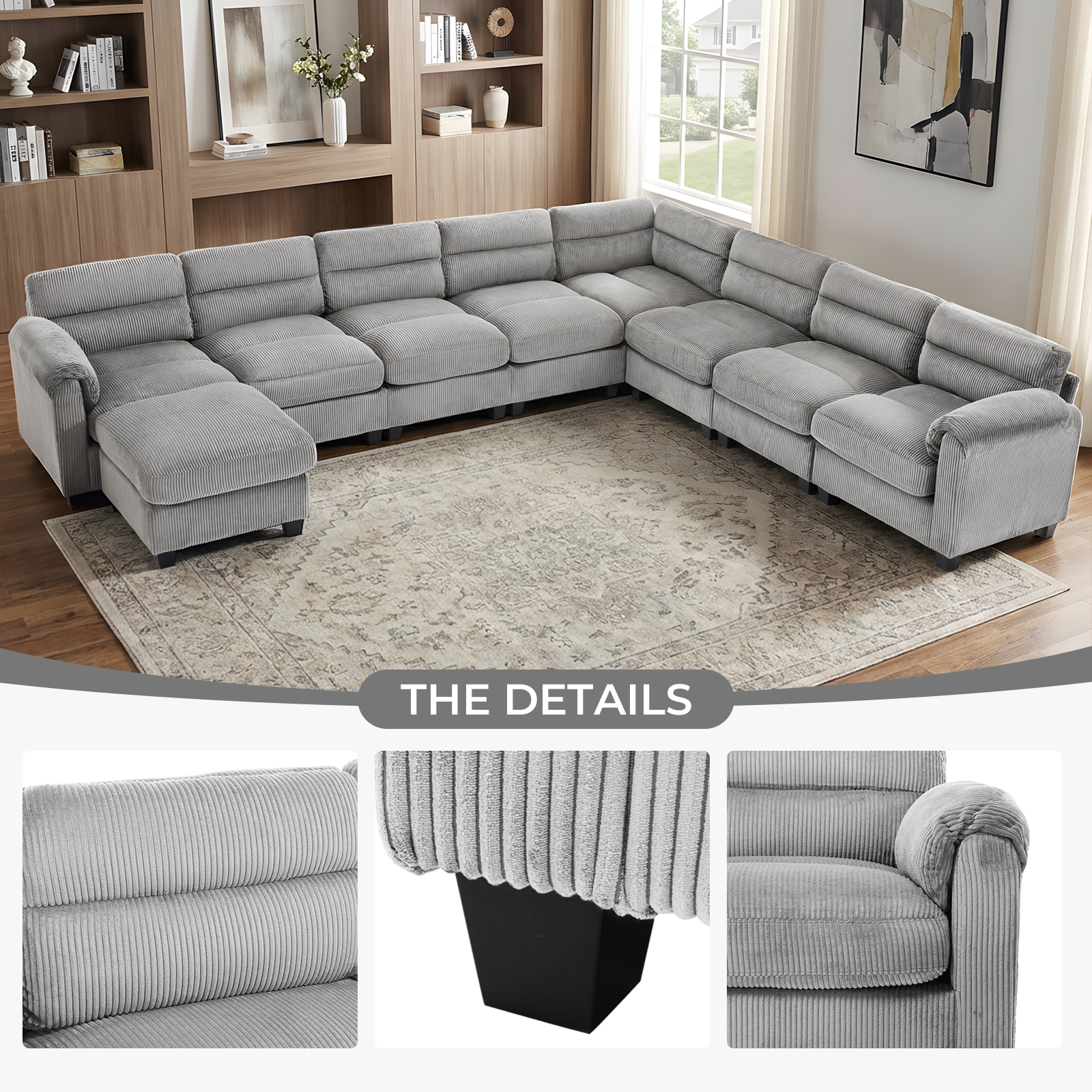 Bonzy Home Convertible Sectional Sofa With Ottoman, Ultra‑Comfort Seating – Configurable for Living Room & Family Room, Gray