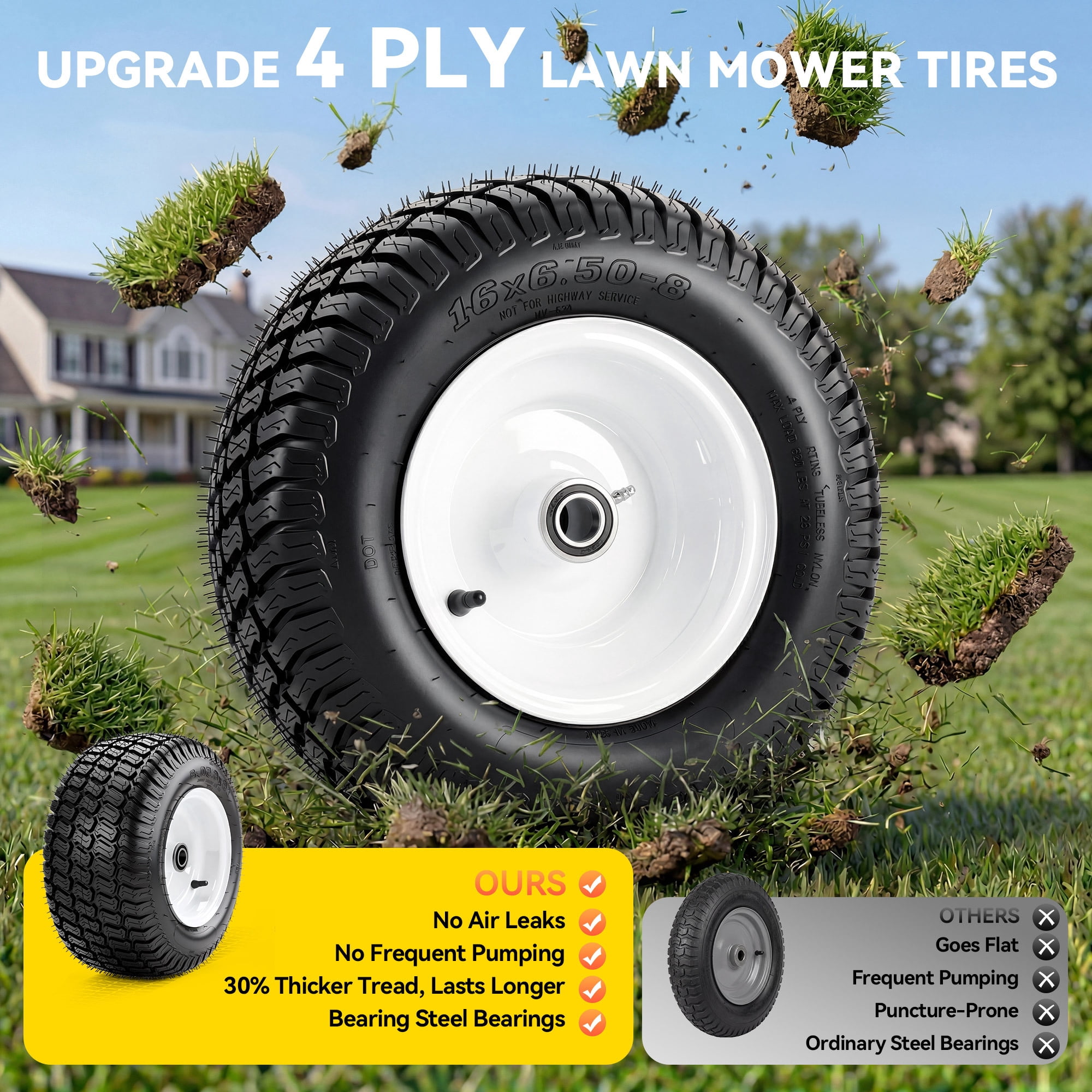 Uforic 16x6.50-8 Lawn Mower Tire and Wheel Assemblies, 4-Ply Pneumatic Front Replacement Tires, 3 in Centered Hub, 3/4 in Bushings, Fits Lawn Tractors, Garden Vehicles, 620 lb Capacity, 2-Pack