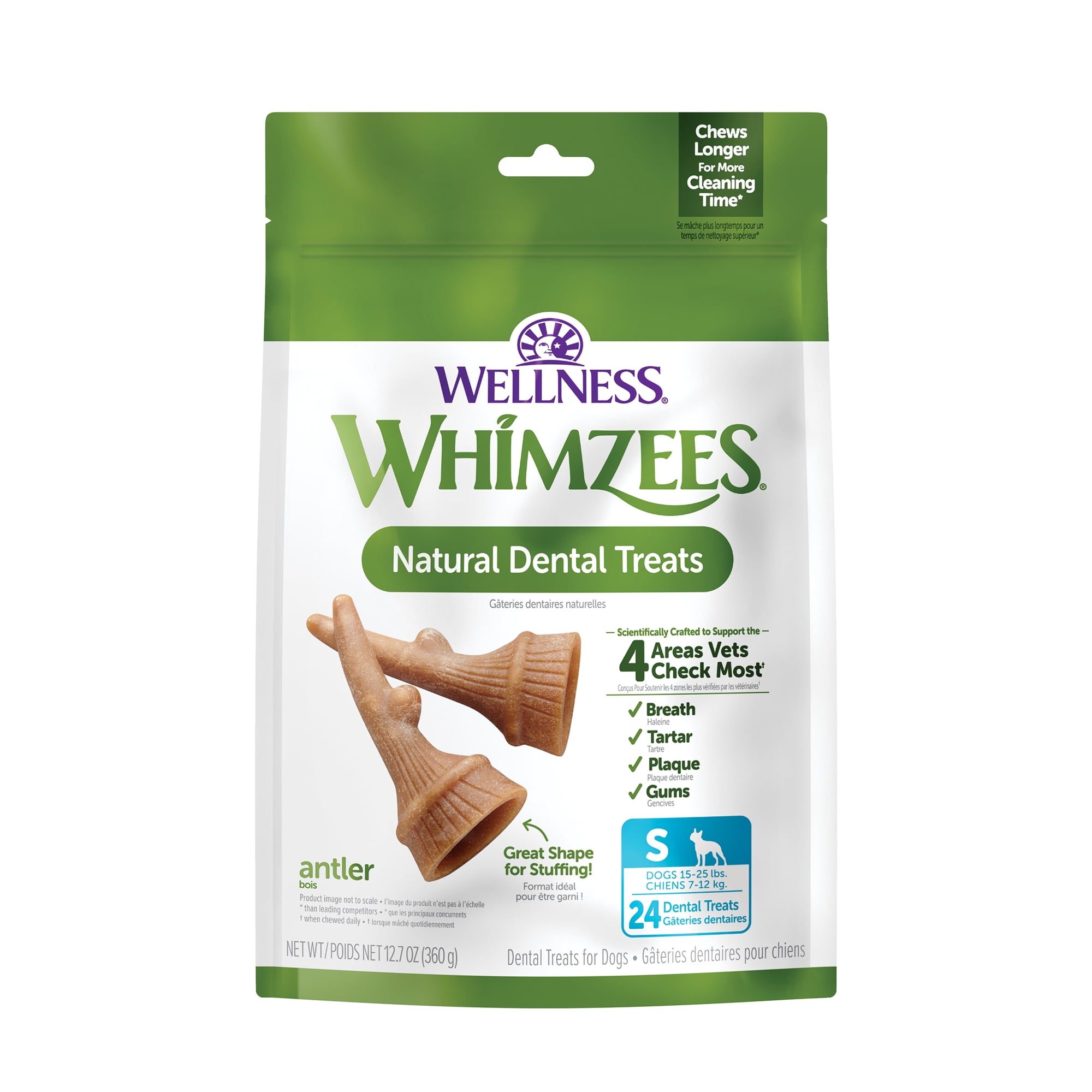 Wellness WHIMZEES Antler Occupy Natural Dog Dental Treat, Chews, Freshens Breath, Small Size, 12.7 oz Bag, 24 Count