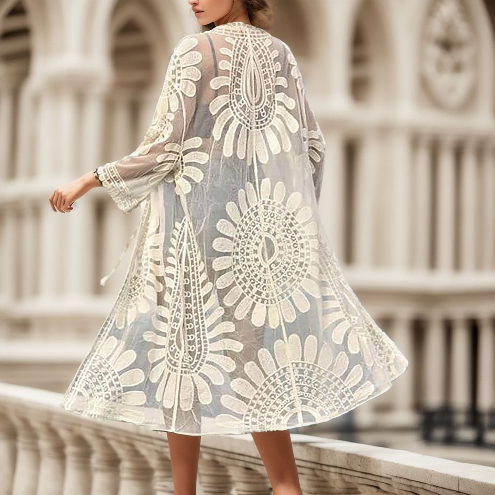 Women's Boho Beach Cover-Up - Embroidered Sheer Kimono Dress Loose Kaftan  with Lace Trim Resort Wear Summer 2025