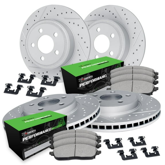 R1 Concepts Drilled and Slotted Carbon Coated Disc Brake Rotor Set with Performance Sport Pads and Hardware WBSH2-54028