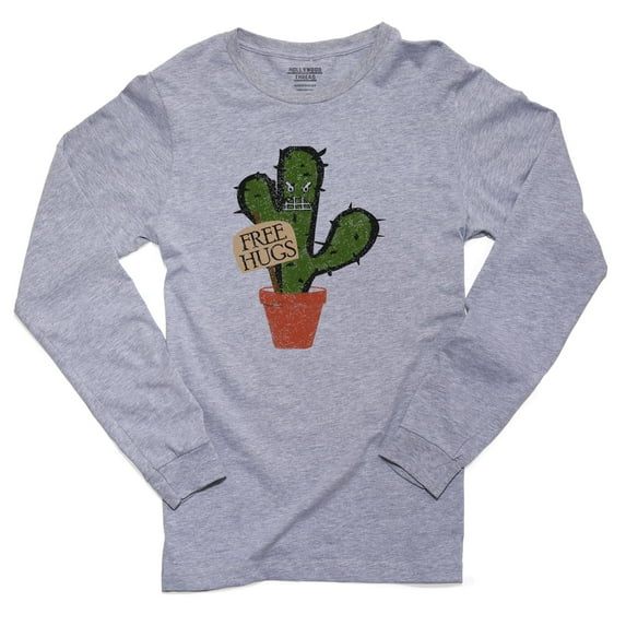 Free Hugs! Cactus Plant with Needles Hilarious Men's Long Sleeve Grey T-Shirt