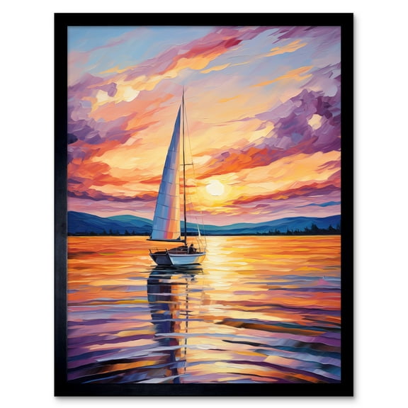 Sunset Sailing Vibrant Oil Painting Orange Purple Blue Bathroom Artwork Sail Boat Seascape Art Print Framed Poster Wall Decor 12x16 inch