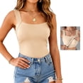 thumbnail image 2 of Qwertyu Women's Built-in Bra Tank Top U Neck Seamless Fitted Top Slim Fit Sleeveless Workout Shapewear Beige M, 2 of 6