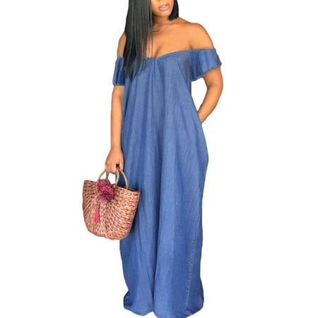 Shoulder Ruffle Trim Dress - Women Sexy Off Shoulder Ruffle Sleeve Denim Long Maxi Dresses