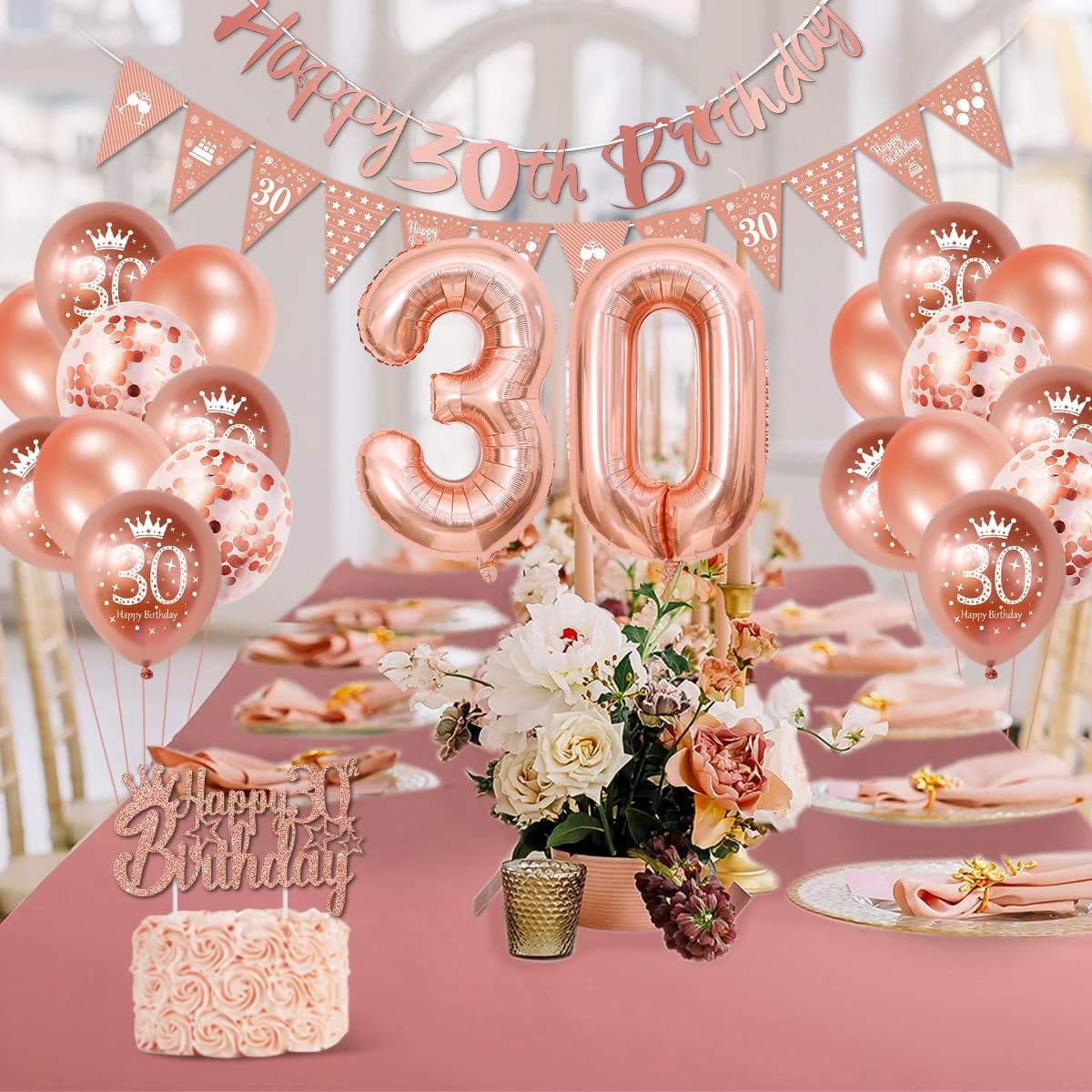 JOYMEMO 30. Geburtstag-Deko Für Frauen – Set Mit Girlande, Folienballon Nr. 30, Schärpe, Cake Topper & Ballons In Rose Gold
