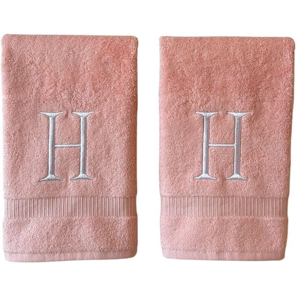 Pink Initial Hand Towel for Bathroom - Monogrammed Luxury Hotel Quality Decorative Embroidered Towel for Powder Room, Spa - GOTS Organic Certified - Set of 2 Letter H