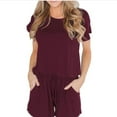 thumbnail image 2 of Women's Summer Short Romper Short Sleeve Solid Casual Loose Lightweight Drawstring Pockets Shorts Rompers Jumpsuits, 2 of 7