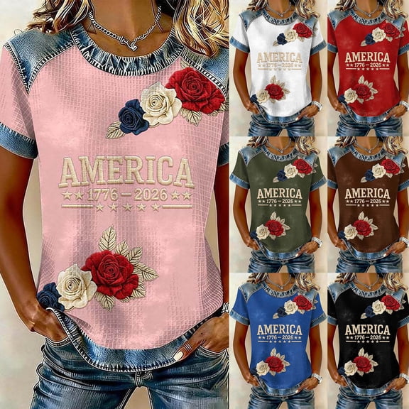 ibiyuan 250th Anniversary Shirt Womens T Shirts Crew 1776-2026 250th Birthday Casual Short Sleeve Independence Day Womens Shirts Womens Tops Trendy