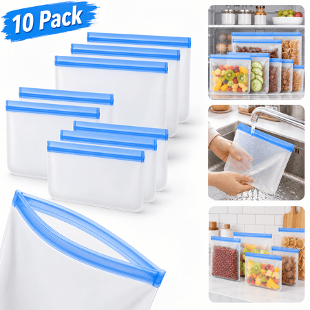 Reusable Ziplock Bag for Food Storage Fridge Organiser，[10 Pack] Extra Thick Eco-Friendly Leakproof Freezer Bags Home Kitchen Organisation Tools & Gadgets(Blue)
