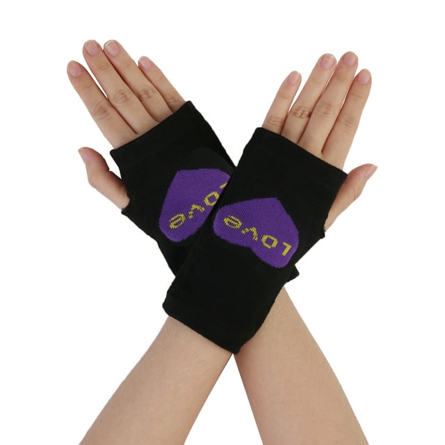 INSPIRE CHIC Purple Heart Pattern Knitting Mitten Fingerless Gloves Black for Ladies