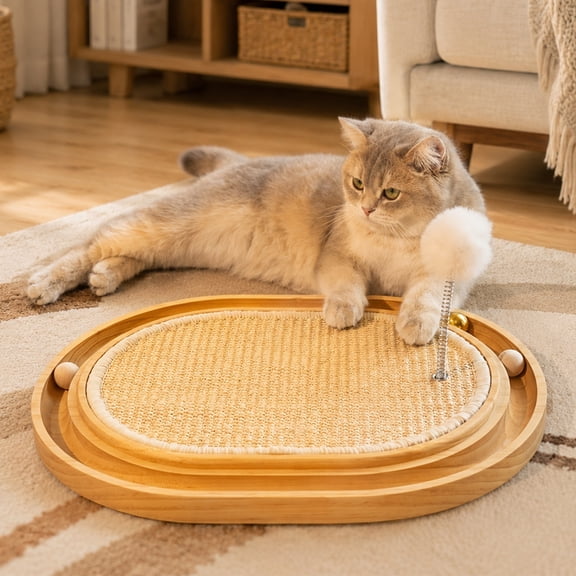 CheerPals Sisal Cat Scratcher Toy with Ball Track 17*13in Wooden Cats Pad for Indoor
