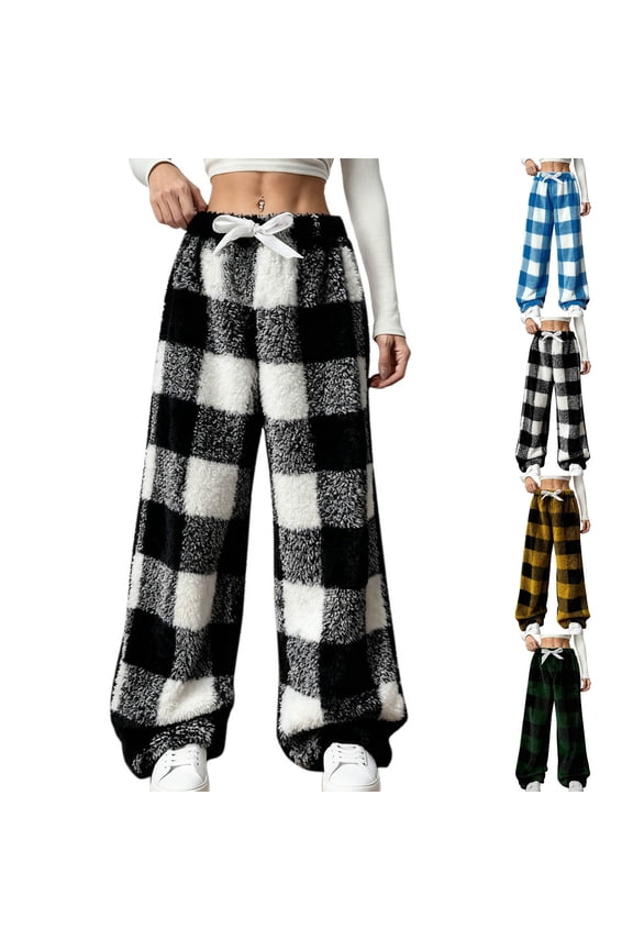 Fuzzy Pajama Pants Women Plush Elastic Waist Wide Leg Leopard Pants Pj Bottoms Lounge Fluffy Pants