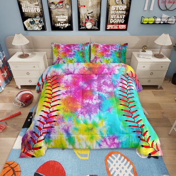 Baseball Comforter Softball Sports Game Comforter Set Girly Colorful Tie Dye Bedding Set Teens Men Baseball Gaming Quilt Set Rainbow Room Decor for All Season