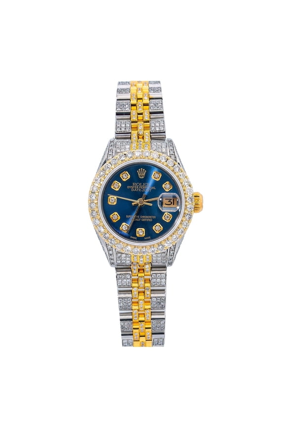 Pre-Owned Rolex Datejust 26MM 6917 Blue Diamond Dial Diamond Bezel Two Tone Yellow Gold Full Diamond Jubilee Bracelet