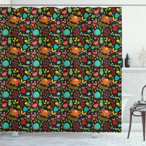 Spring Shower Curtain, Cheerful Cartoon Insects Playing with Reptile Friends and Snails on Flowery Ground, Fabric Bathroom Set with Hooks, 69W X 75L Inches Long, Multicolor, by Ambesonne