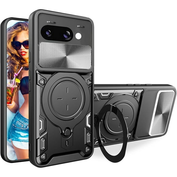 REQO for Google Pixel 9a 6.3" Armor Case with Magnetic Ring Kickstand, Rugged Military Grade Shockproof Case with Slide Camera Lens Cover for Google Pixel 9a