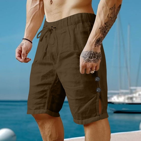 Yaoyar Men's Solid Color Cut Button Design Mid Length Drawstring Elastic Waist Stretch Fit Summer Comfort Shorts,Brown,M