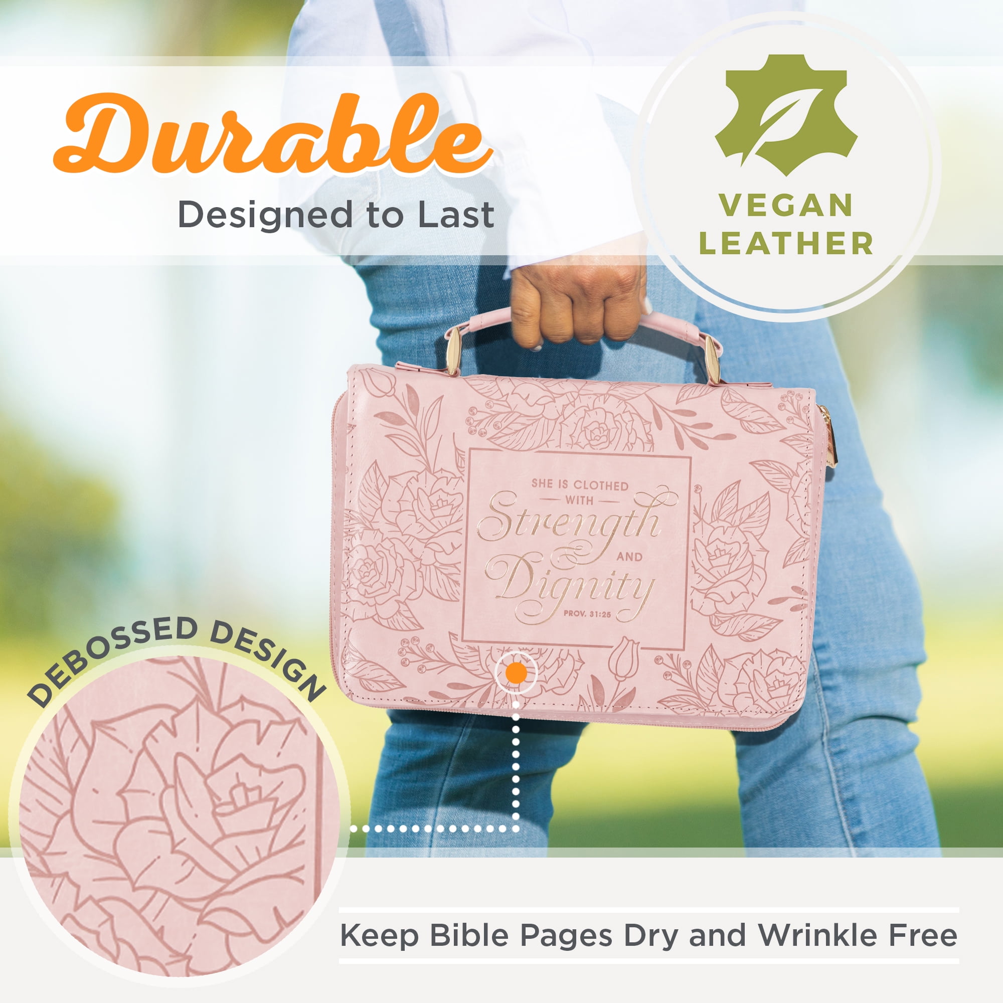 Christian Art Gifts Premium Vegan Leather Fashion Floral Bible Cover for Women: Strength & Dignity - Prov. 31:25 Inspirational Scripture Verse Carry Case w/Pockets & Pen Storage, Pink & Gold, Large