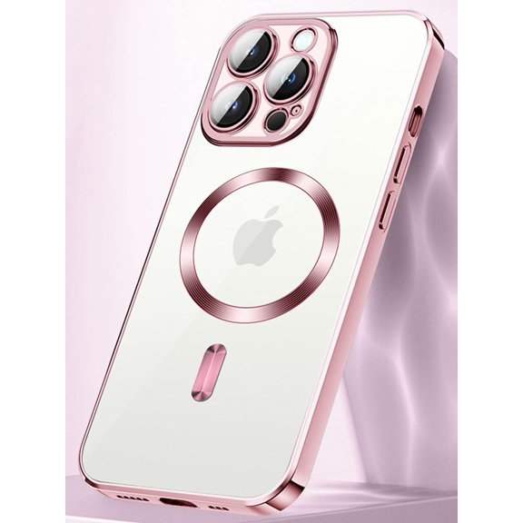 Crystal Clear Magnetic Design for iPhone 14 Pro Max Case [Camera Lens Protector & Compatible with MagSafe] for Men & Women, Slim Soft Luxury Plated Edge Protective Case 6.7”(Rose Gold)