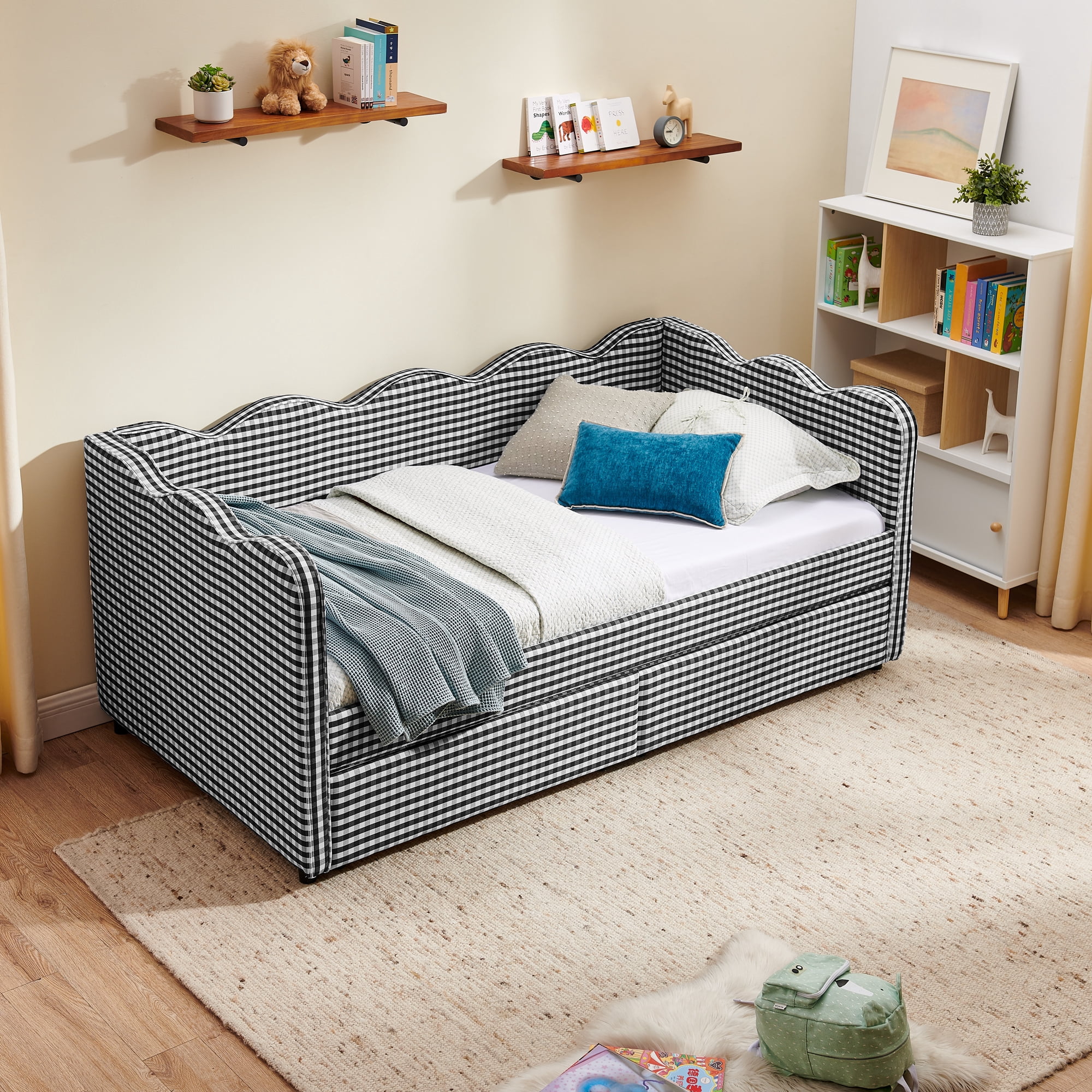 Twin Size Daybed with Storage Drawers and USB Port, Upholstered Linen Sofa Bed with Trundle Style Design, Kids Daybed Frame for Bedroom Living Room, Black