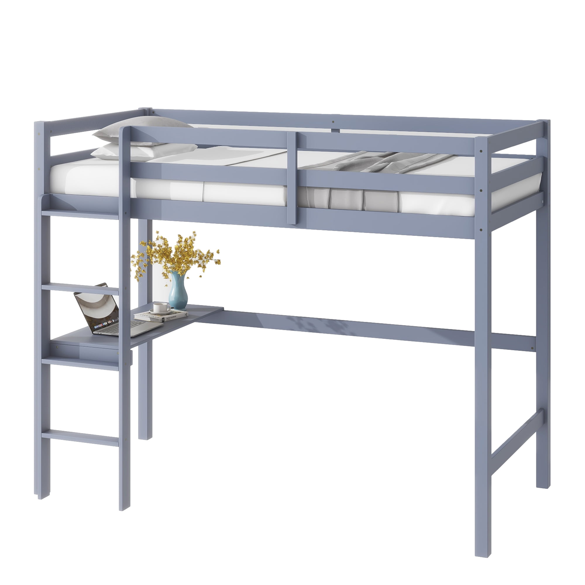 Miniyam Kids Loft Bed with Desk, Wood Loft Bed Frame with Guardrails, Ladder and Slats, Gray