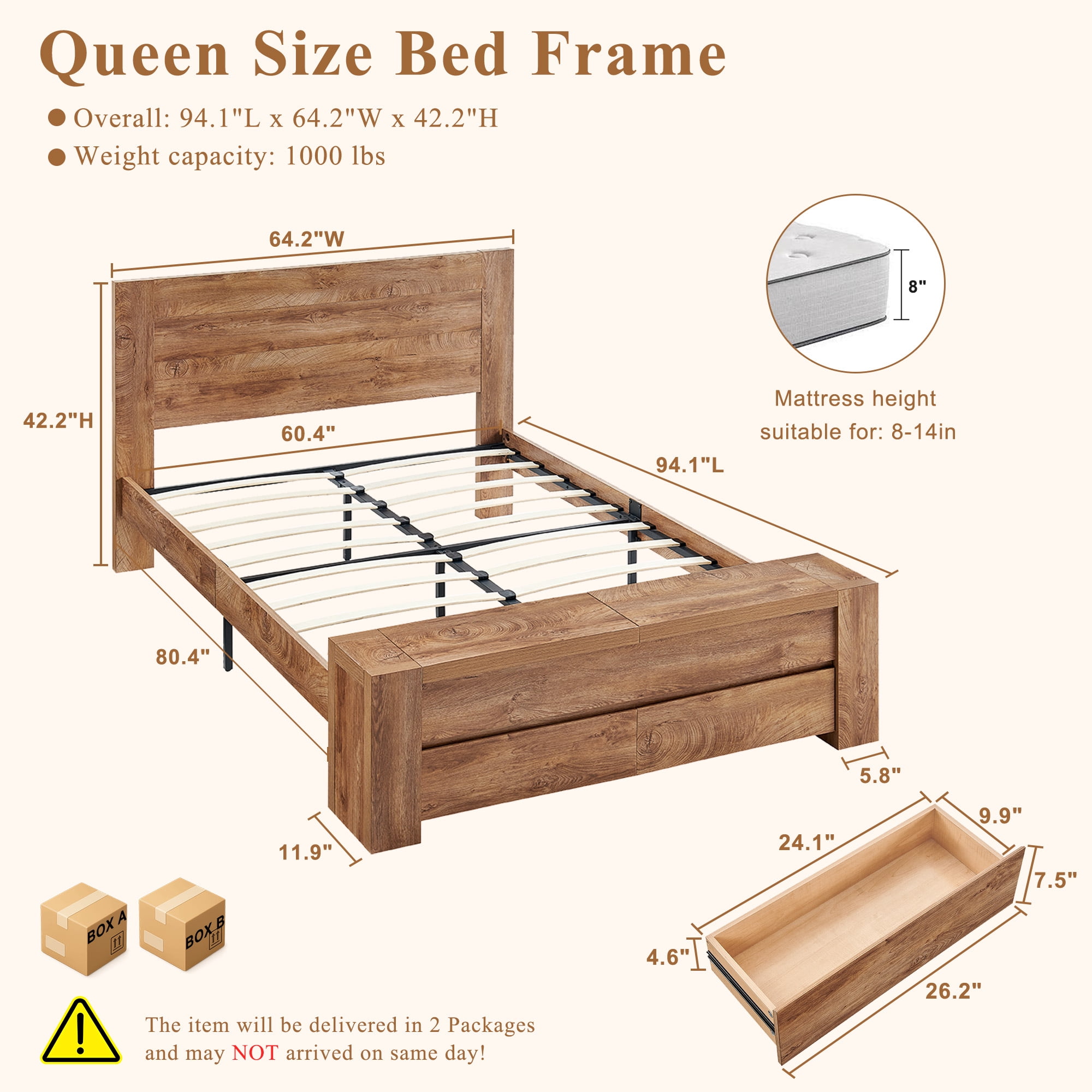 KeyWhat Modern Queen Size Storage Bed Frame with Panel Headboard, Footboard Storage Bench, Built-In Drawers, Lift-Up Compartments, No Box Spring Needed, Light Tree Knot