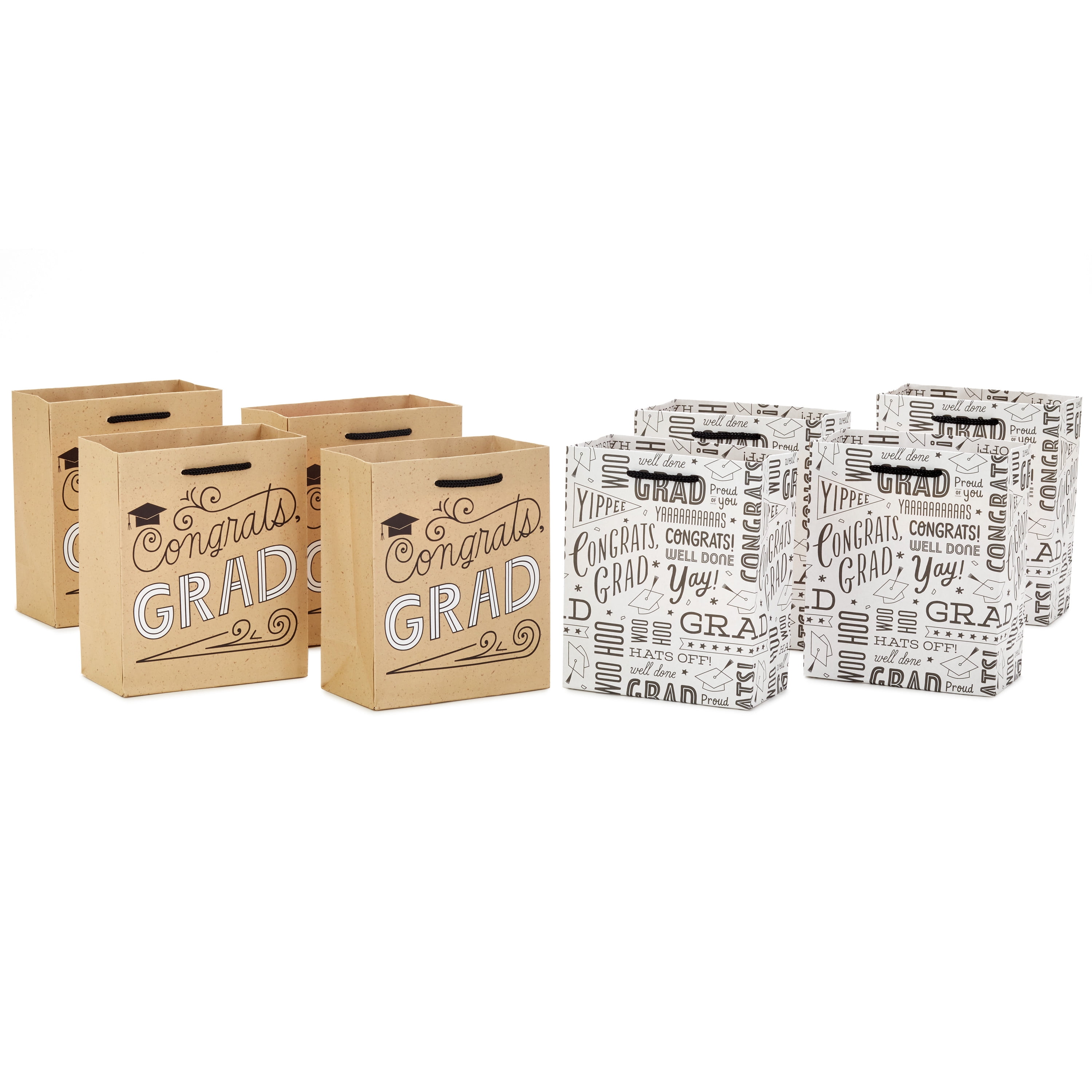 (2 pack) Hallmark 6" Small Graduation Gift Bag Bundle (8 Bags, 2 Designs: Kraft "Congrats, Grad," Black and White) for High School Graduates, Preschool, Kindergarten, College, Open House Party Favors