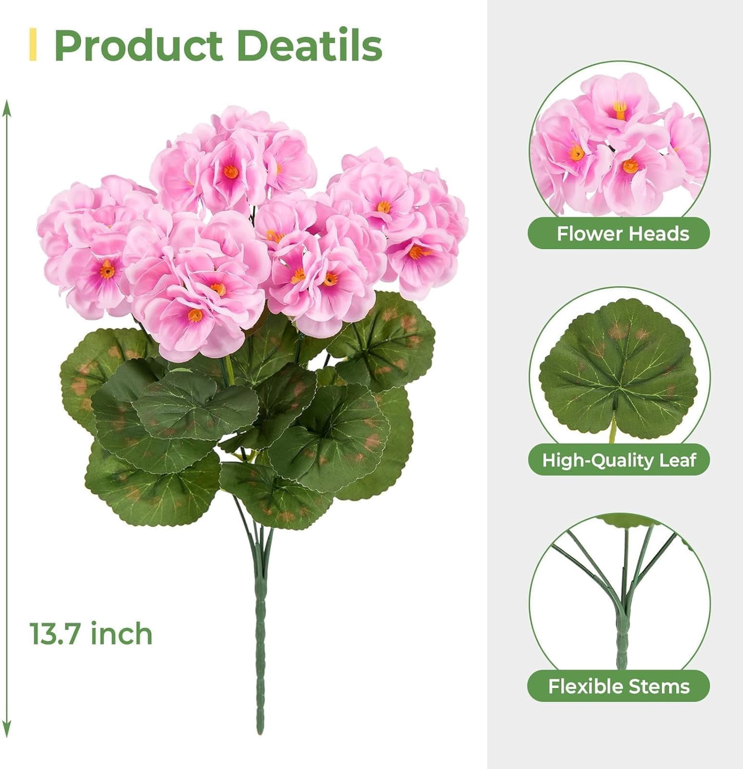 Artificial Geraniums for Outdoors Faux Plants UV Resistant Flowers Outside Fake Silk Flowers Bulk Realistic Plastic Greenery for Home Porch Planter Patio Decor, 6 Bundles (Pink)