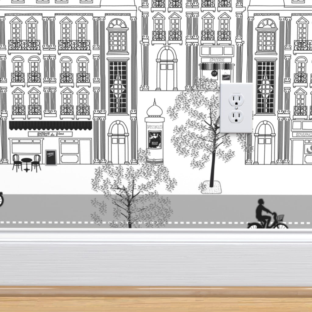 Peel-and-Stick Removable Wallpaper Paris Buildings Road Bikes White Black French