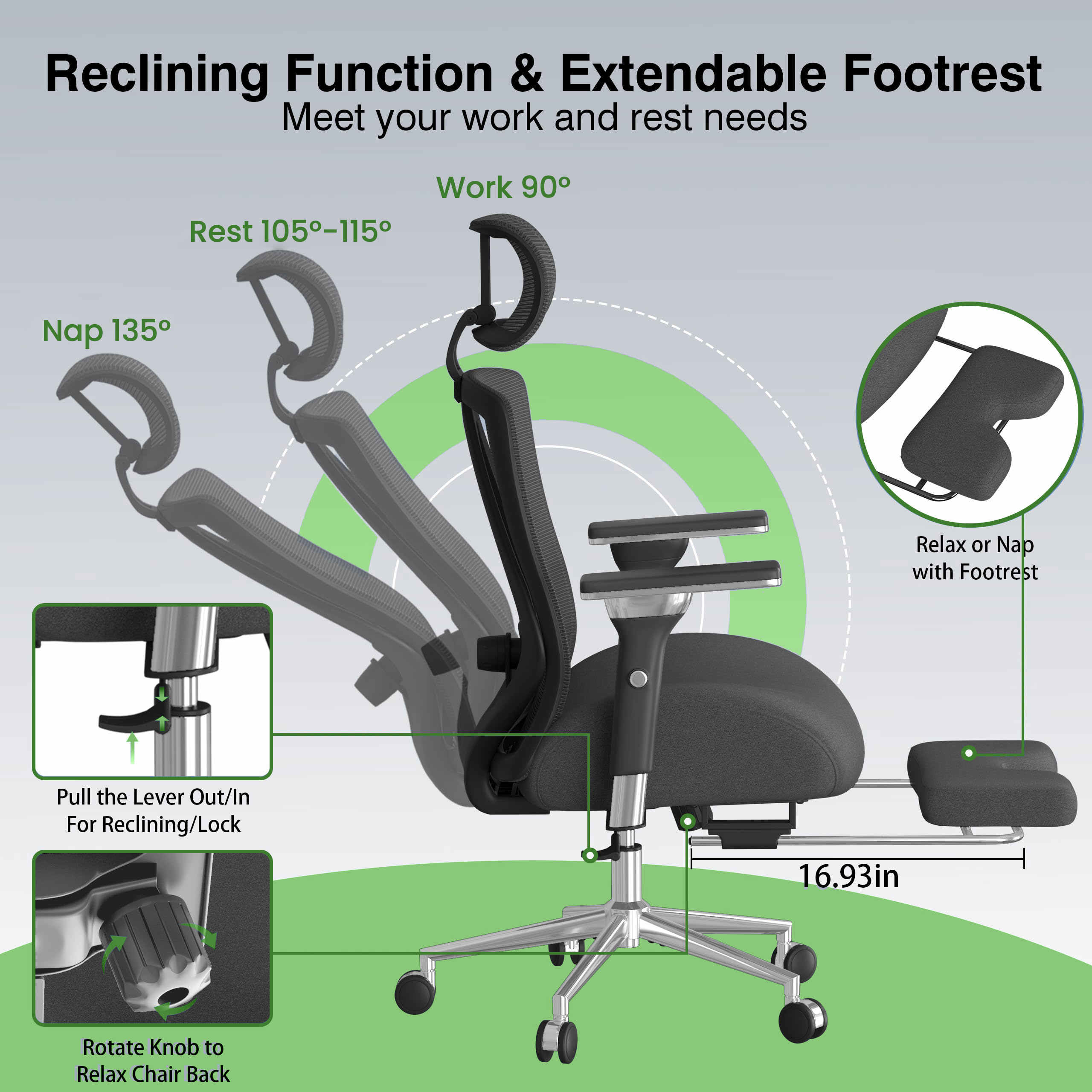 JONPONY Big and Tall Office Chair with Footrest, Ergonomic Mesh Office Chair with Thicken Wide Cushion, 4D Armrest, Adjustable Lumbar Support & Headrest, Grey