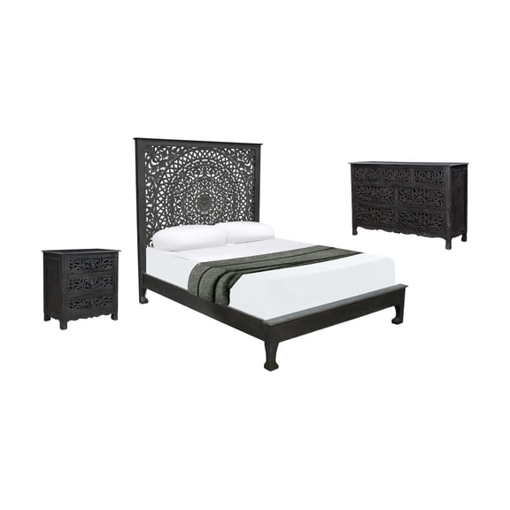 Taran Designs Gianna 3-piece Floral Carved Solid Wood Bedroom Set in Black
